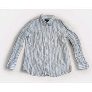 Tahari 100% Linen Long Sleeve Button Up  Blouse White/Blue Stripe Size L